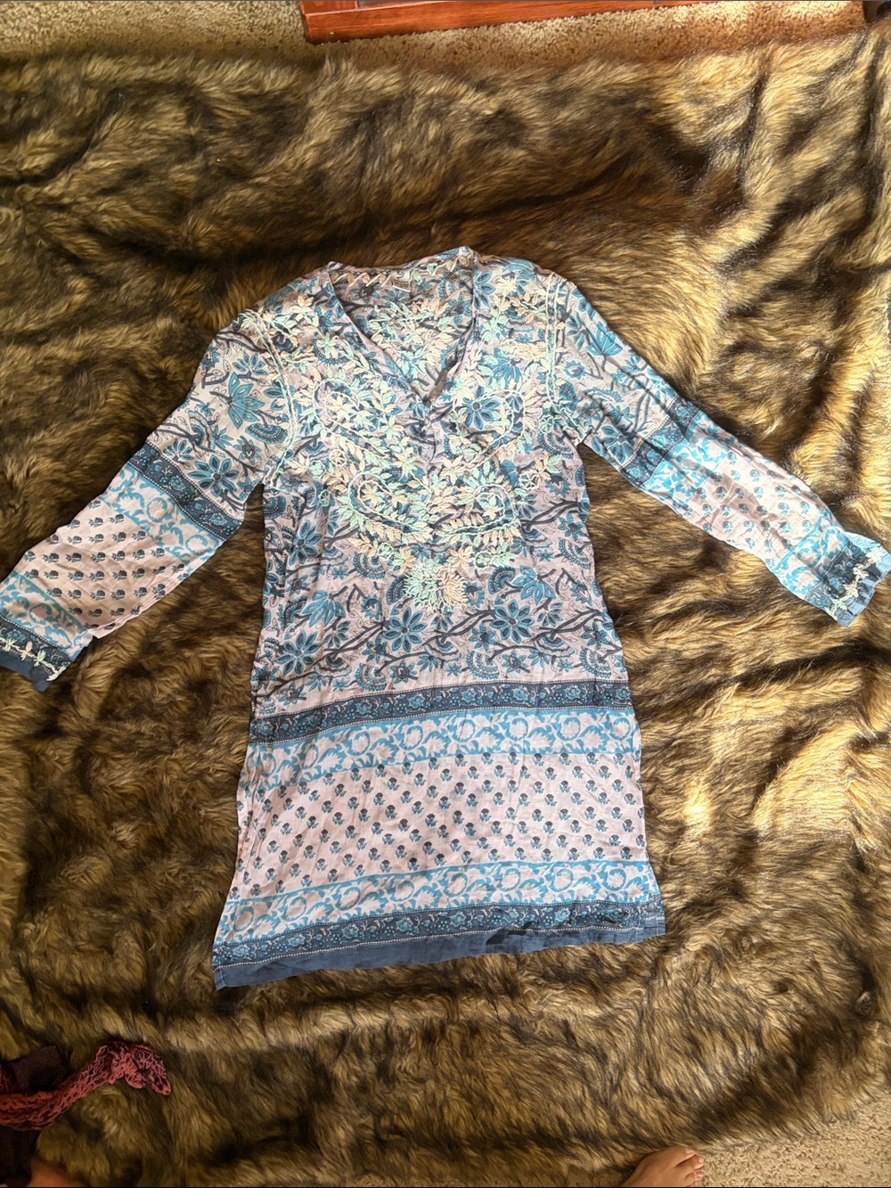 Raj Ultra Light Embroidered Paisley Cotton Tunic Dress Blue V-Neck 3/4 Sleeve S